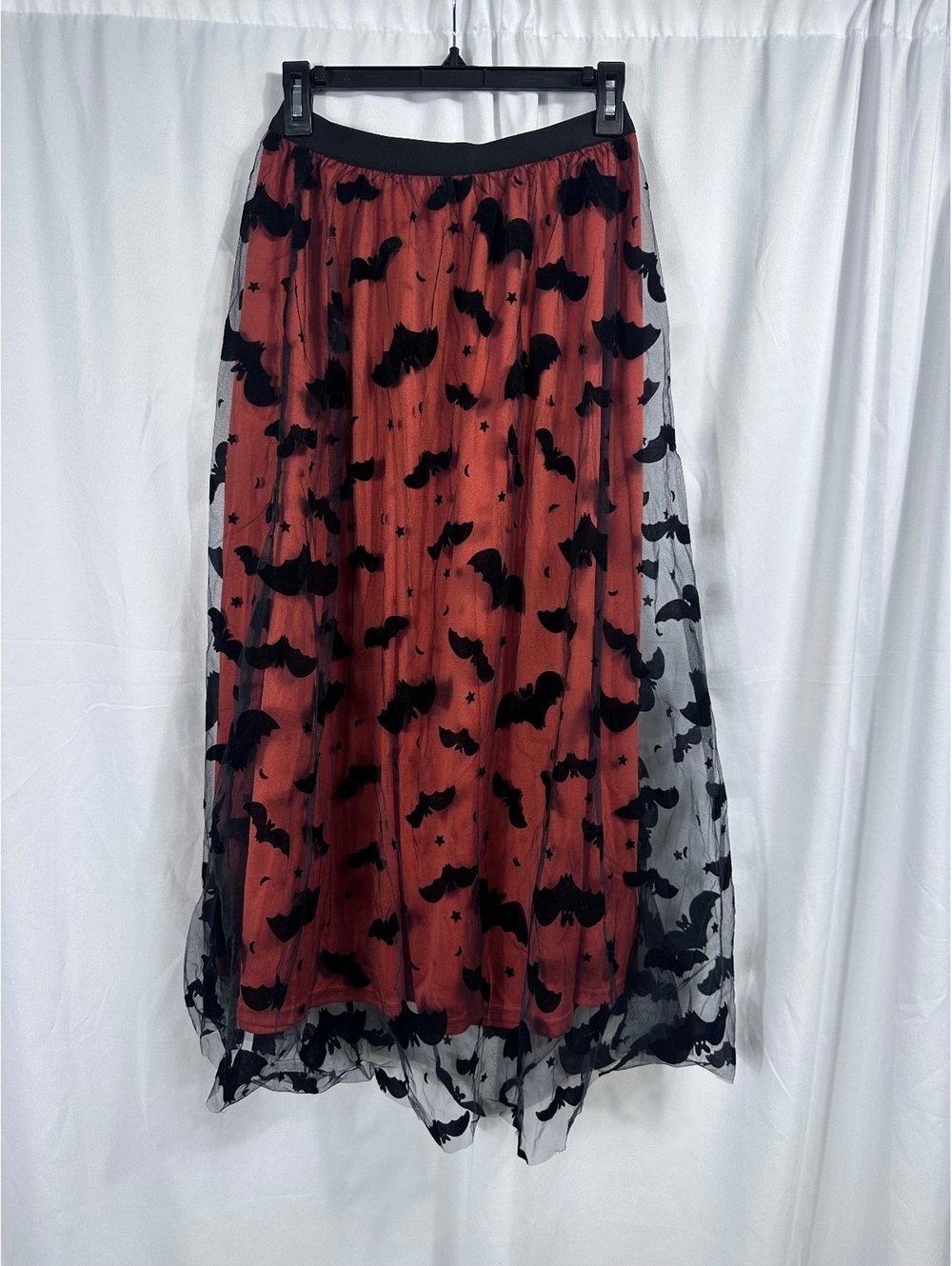Baiyameisha Black Bat Pattern Mesh Overlay Midi Skirt with Orange Large